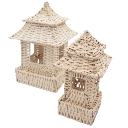 Petite pagode en rotin tressé à la main, blanche (lot de 2)