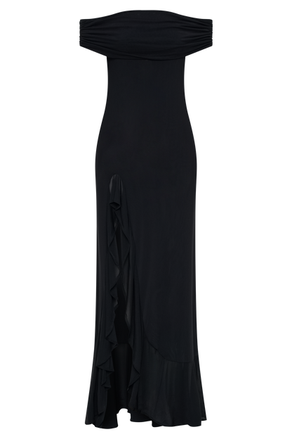Audrey Robe Maxi en Maille à Manches Décolletées - Noir