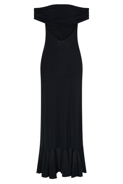 Audrey Robe Maxi en Maille à Manches Décolletées - Noir