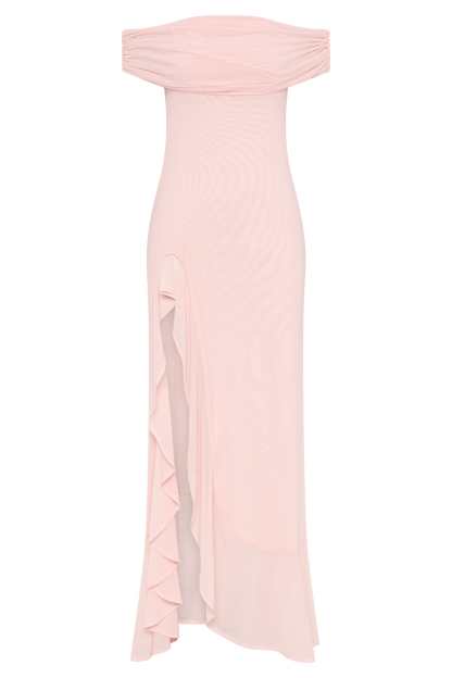 Audrey, robe maxi en maille à épaules dénudées - Rose pâle