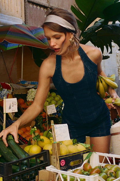 Haut-corset à porter en bandoulière en jean Meadow - Bleu indigo