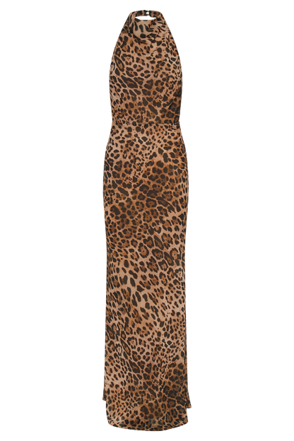 Robe maxi Estella en mousseline de soie à col montant - Imprimé léopard