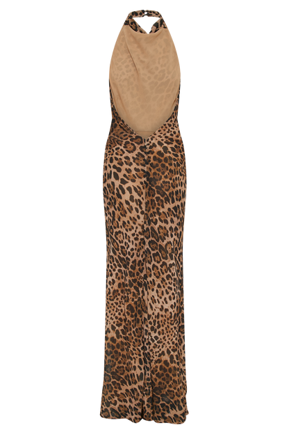 Robe maxi Estella en mousseline de soie à col montant - Imprimé léopard
