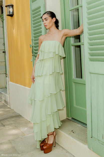 Robe Maxi Alexa en Chiffon à Volants - Vert Citron Pastel