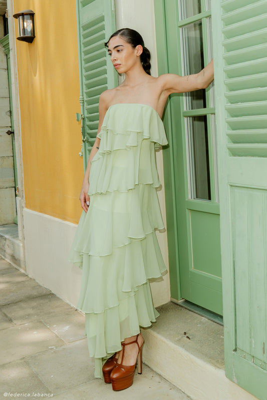 Robe Maxi Alexa en Chiffon à Volants - Vert Citron Pastel