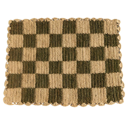 Set de table à carreaux verts, plateau rectangulaire en raphia