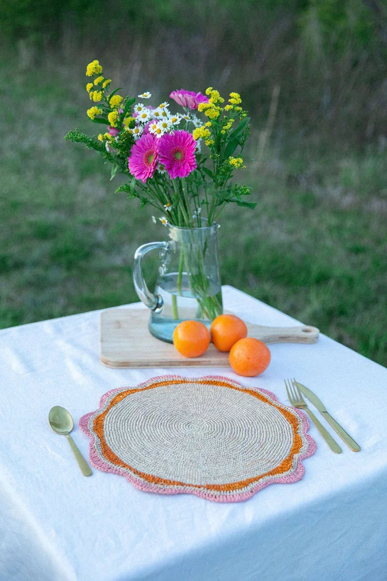 Set de table rond en raphia rose – 35,6 cm – Décoration de table pour fête de jardin et été