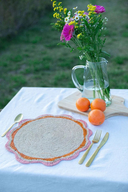 Set de table rond en raphia rose – 35,6 cm – Décoration de table pour fête de jardin et été