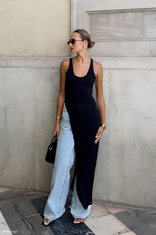 Haut Ellerie à dos nageur et longueur allongée - Noir