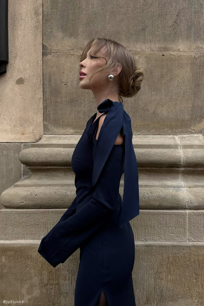 Robe Maxi en Crêpe à Une Épaule Nicola - Bleu Marine Foncé