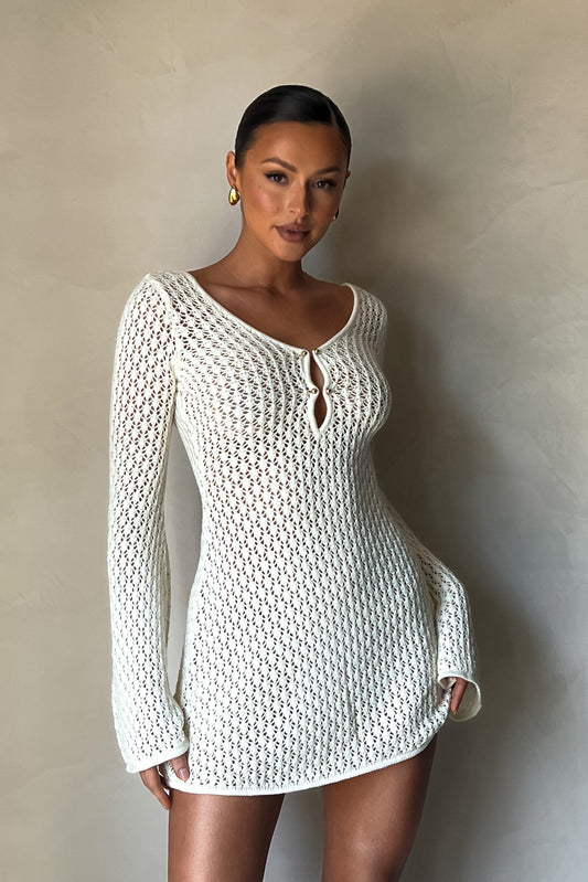 Mini-robe en tricot crochet Kayleigh - Blanc