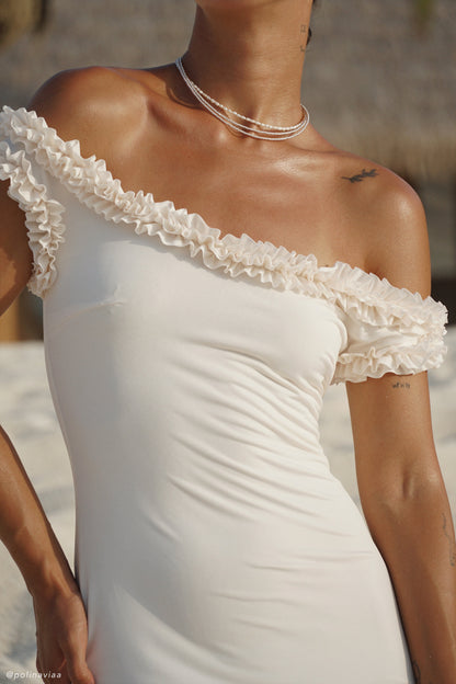 Robe midi à volants et épaules dénudées Arielle - Ivoire