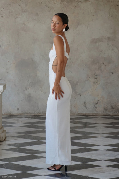 Adoria Robe Maxi Découpe et Strass - Blanche
