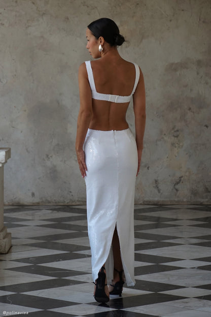 Adoria Robe Maxi Découpe et Strass - Blanche