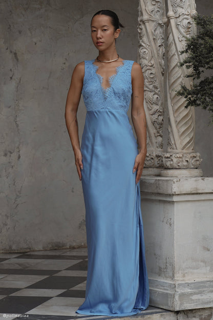 Robe Maxi en Satin et Dentelle Ricci - Bleu Iris