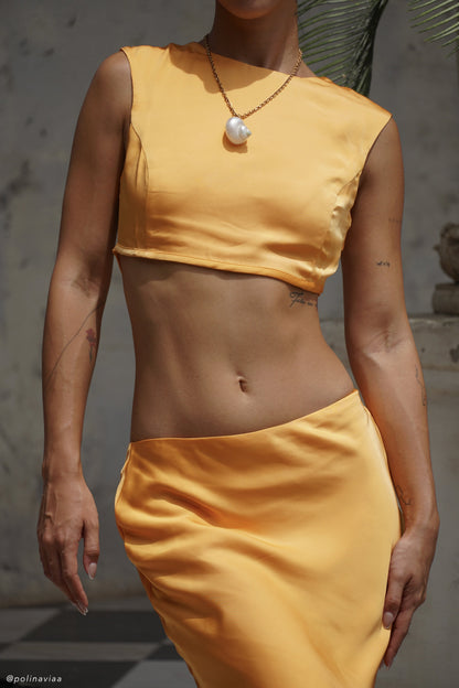 Top court sans manches en satin Viviana - Tangerine