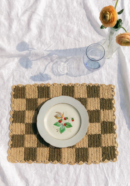 Set de table à carreaux verts, plateau rectangulaire en raphia