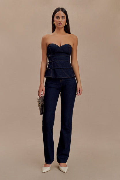 Top en jean à bretelles amovibles et boucle Sylas - Bleu indigo