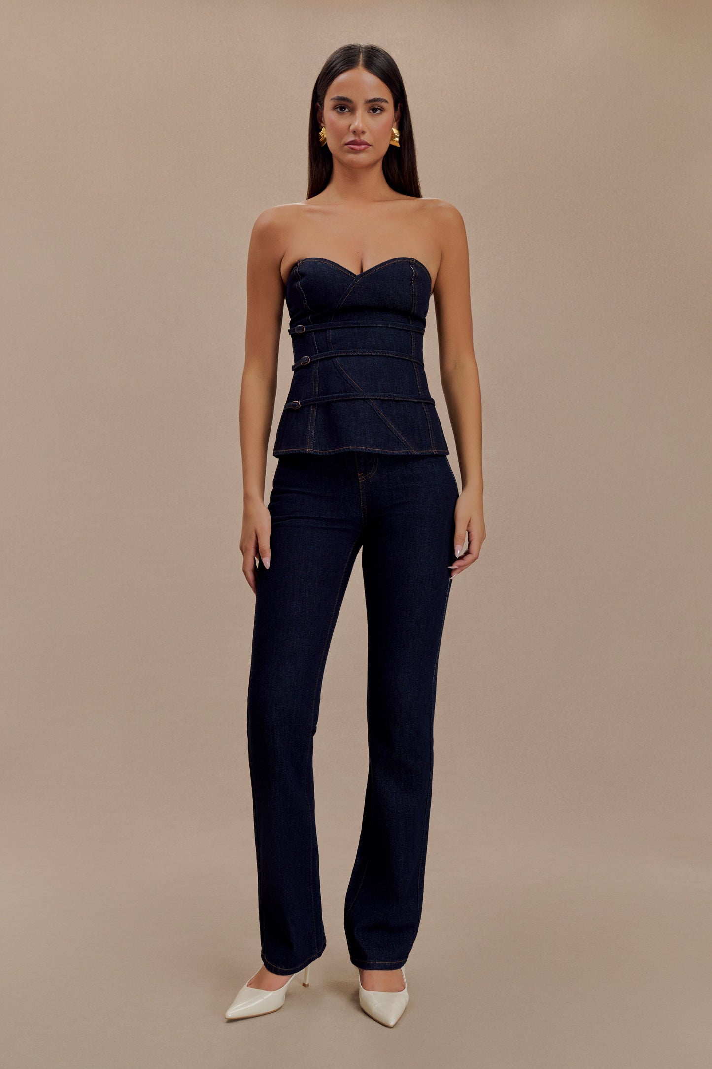 Top en jean à bretelles amovibles et boucle Sylas - Bleu indigo