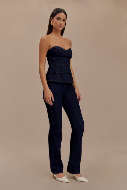 Top en jean à bretelles amovibles et boucle Sylas - Bleu indigo