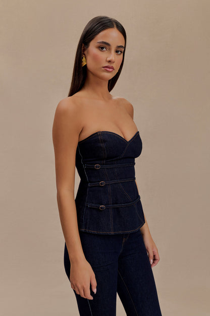 Top en jean à bretelles amovibles et boucle Sylas - Bleu indigo